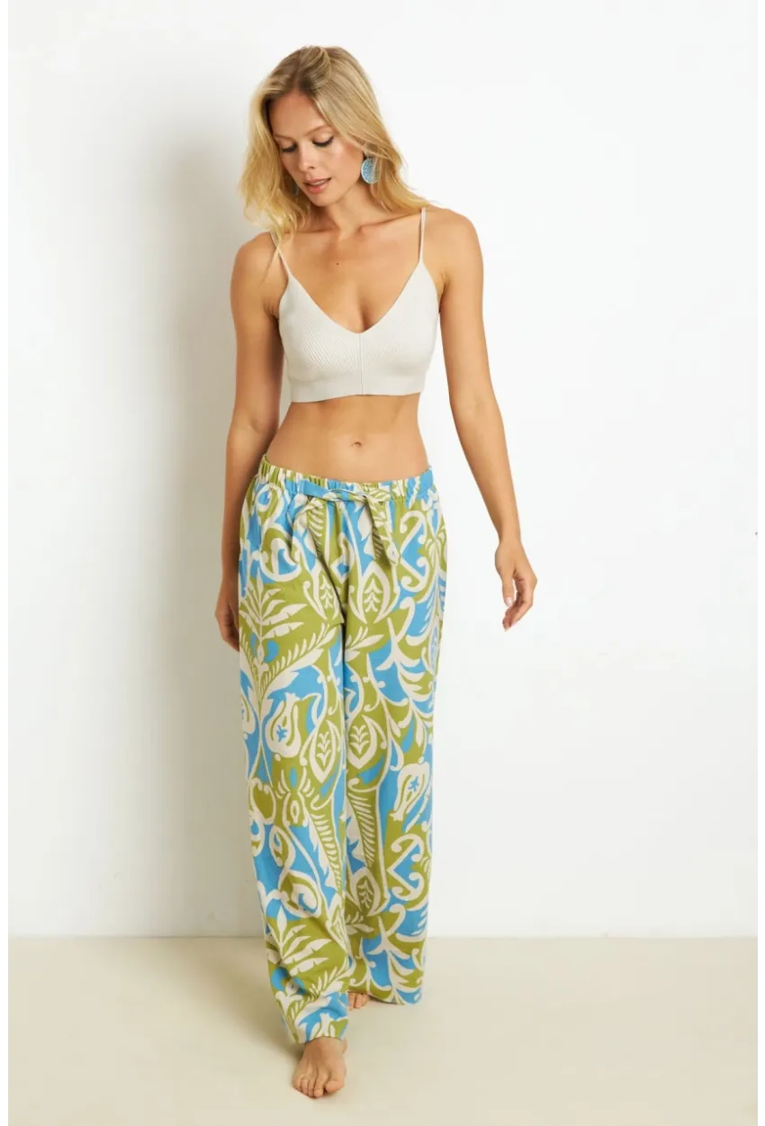 Kadın Yeşil Palozzo Desenli Keten Pantolon K1250