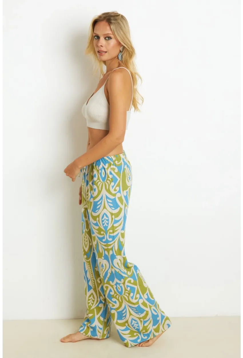 Kadın Yeşil Palozzo Desenli Keten Pantolon K1250