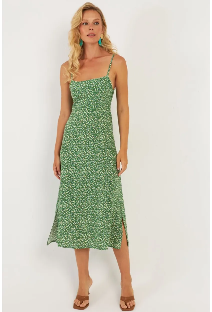 Kadın Yeşil Sırtı Gipeli Desenli Midi Elbise MP427
