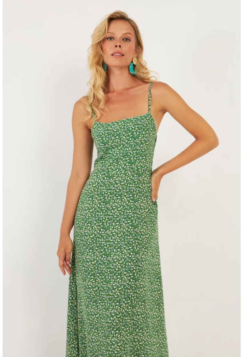 Kadın Yeşil Sırtı Gipeli Desenli Midi Elbise MP427