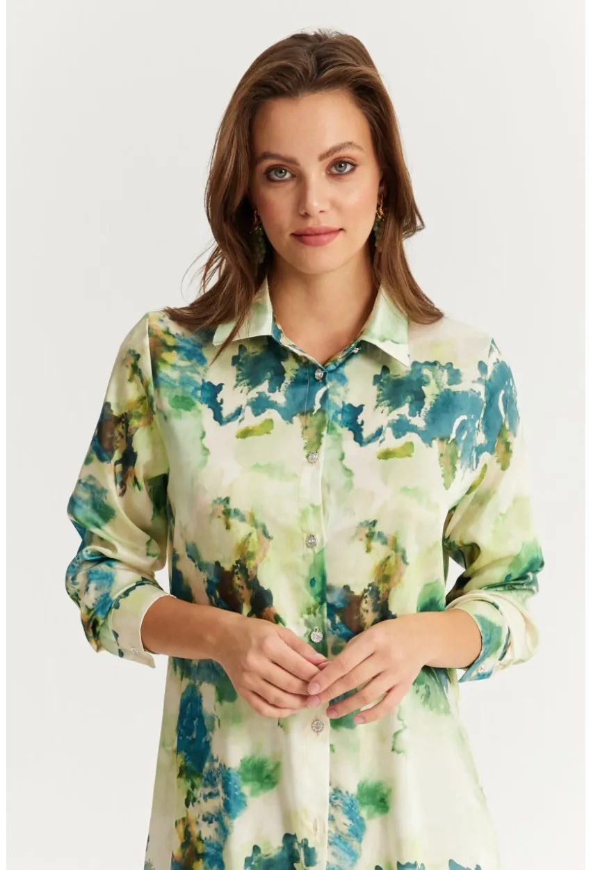 Kadın Yeşil Taş Düğmeli Desenli Gömlek MLVF9