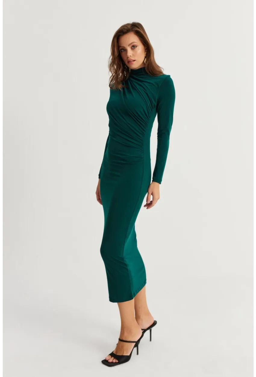 Kadın Zümrüt Yeşil Drape Maxi Elbise DMR377