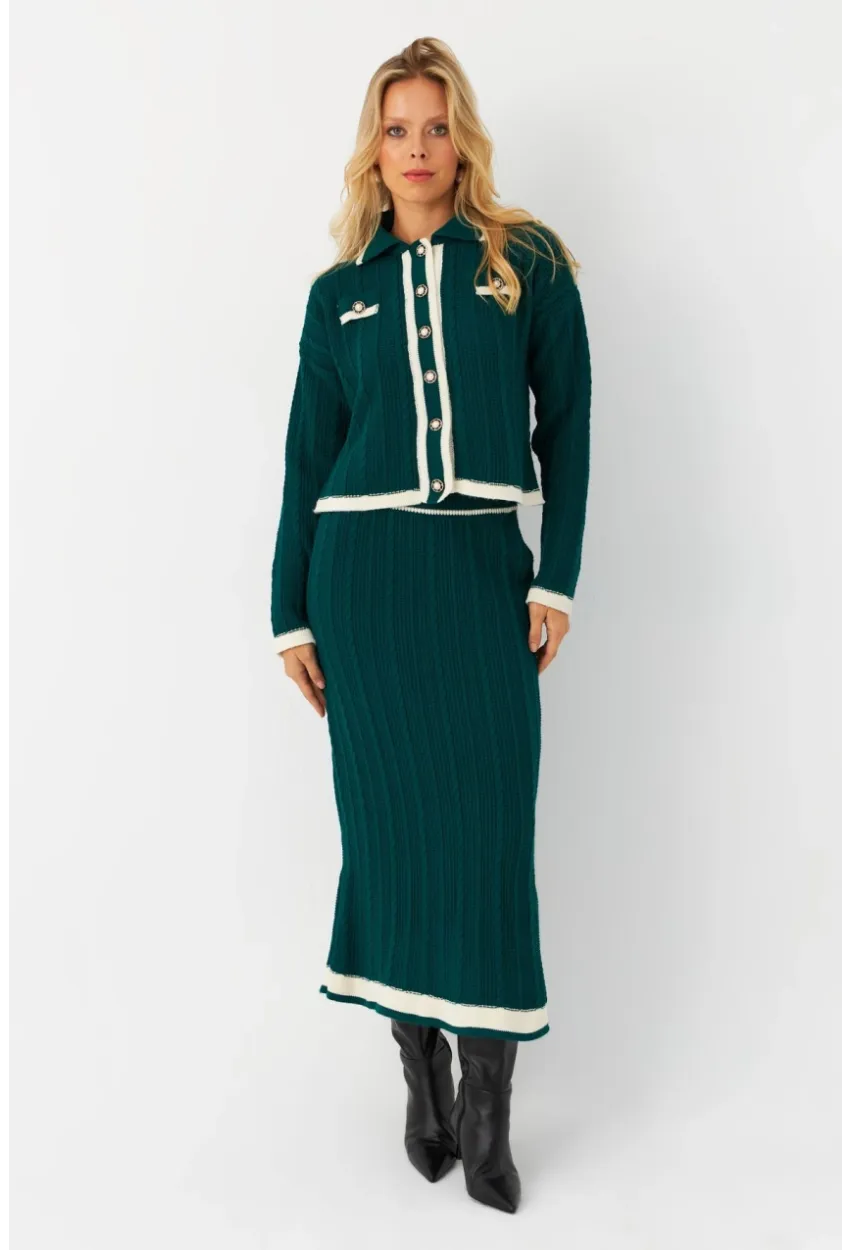 Kadın Zümrüt Yeşil İkili Alt Üst Triko Takım NUV34