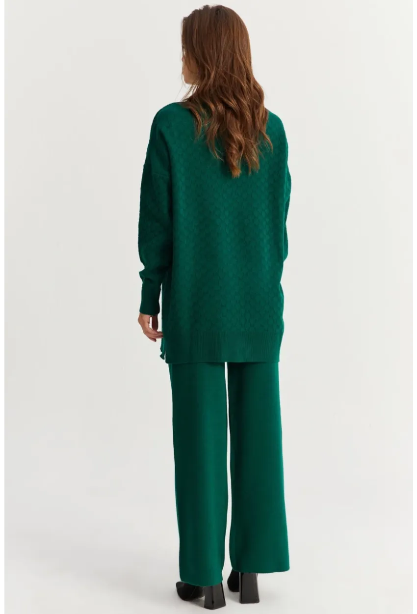 Kadın Zümrüt Yeşil İnci Düğmeli Triko Alt Üst Takım NUV33