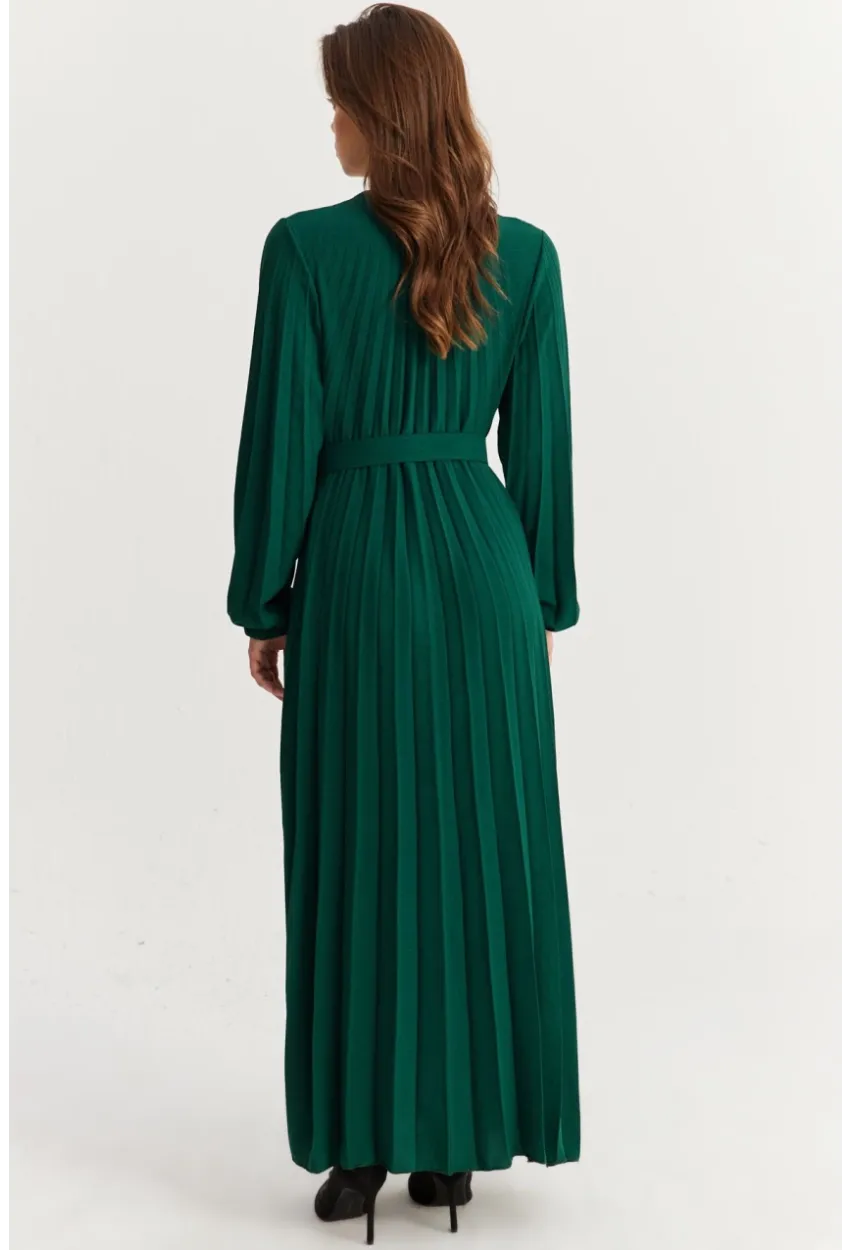 Kadın Zümrüt Yeşil Kemerli Plili Maxi Elbise ALZ500