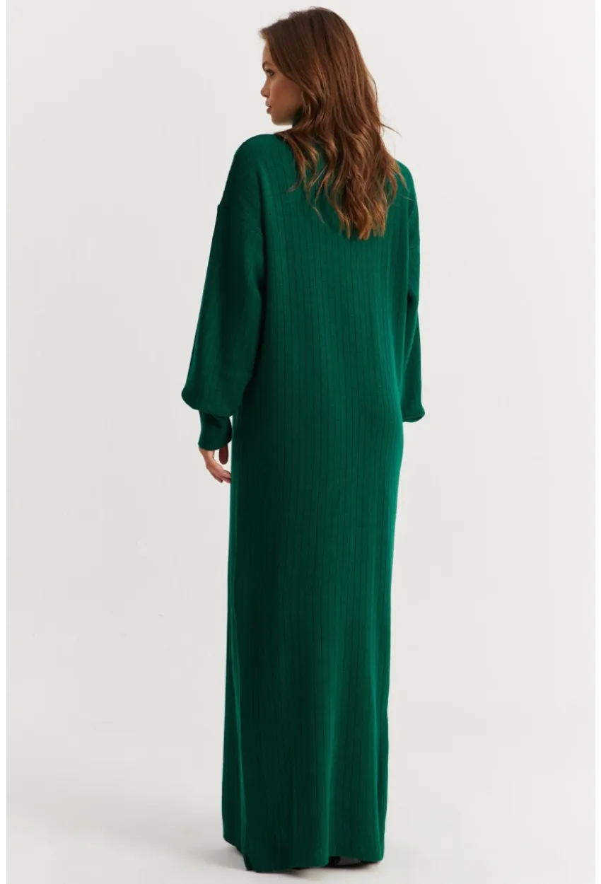 Kadın Zümrüt Yeşil Yakası Fermuarlı Triko Maxi Elbise MNUV10