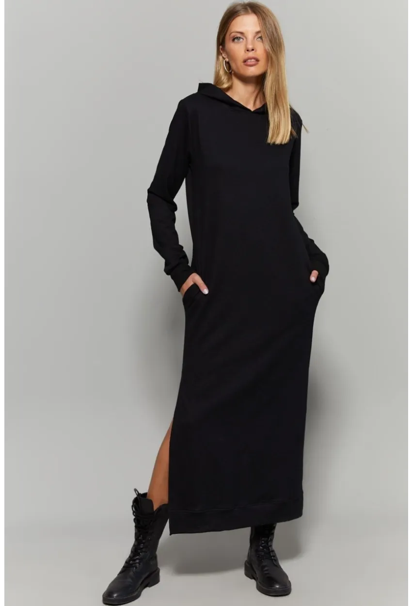 Siyah Çift Yırtmaçlı Kapüşonlu Maxi Elbise MEY1111