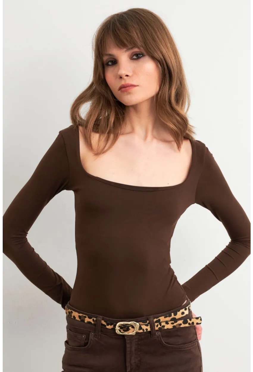 Kadın Acı-Kahve Kayık Yaka Basic Body CY352