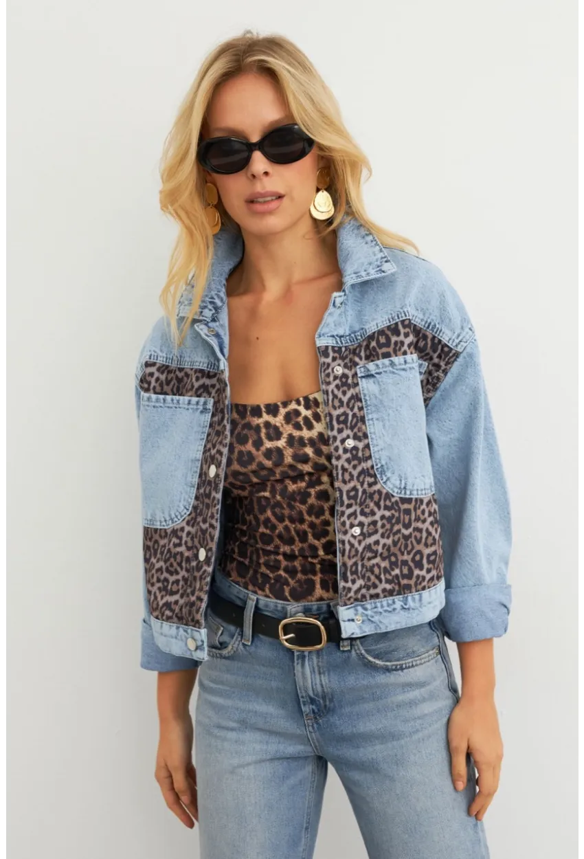 Kadın Açık-Mavi Bloklu Leopar Denim Ceket KAM300