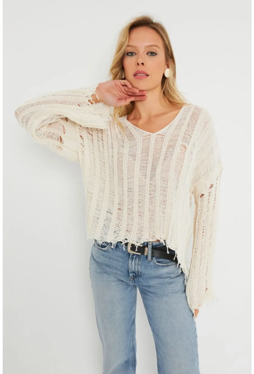 Kadın Ajurlu Triko Bluz Taş YZ618