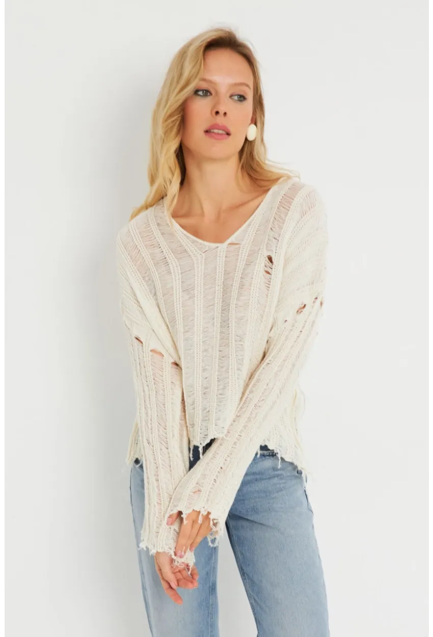 Kadın Ajurlu Triko Bluz Taş YZ618