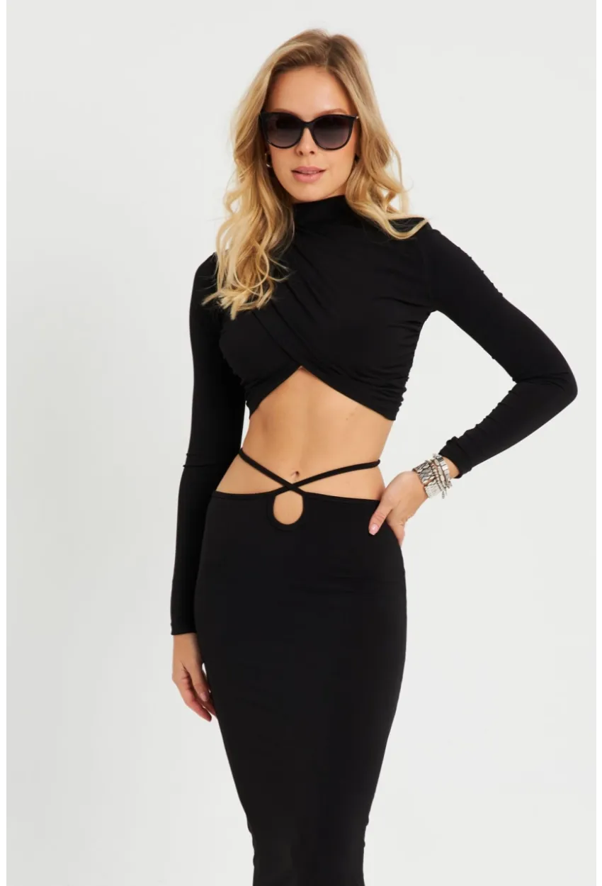 Kadın Alt Üst Büzgülü Crop Takım Siyah YEL86