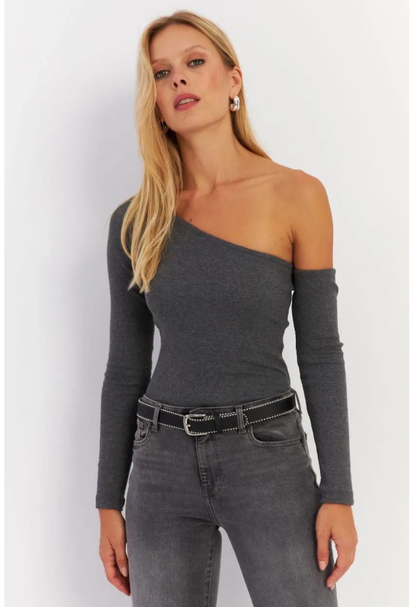 Kadın Antrasit Asimetrik Kollu Kaşkorse Bluz HOR1