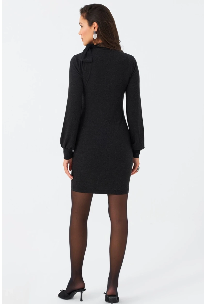 Kadın Antrasit Boyundan Bağlamalı Midi Elbise EY2971