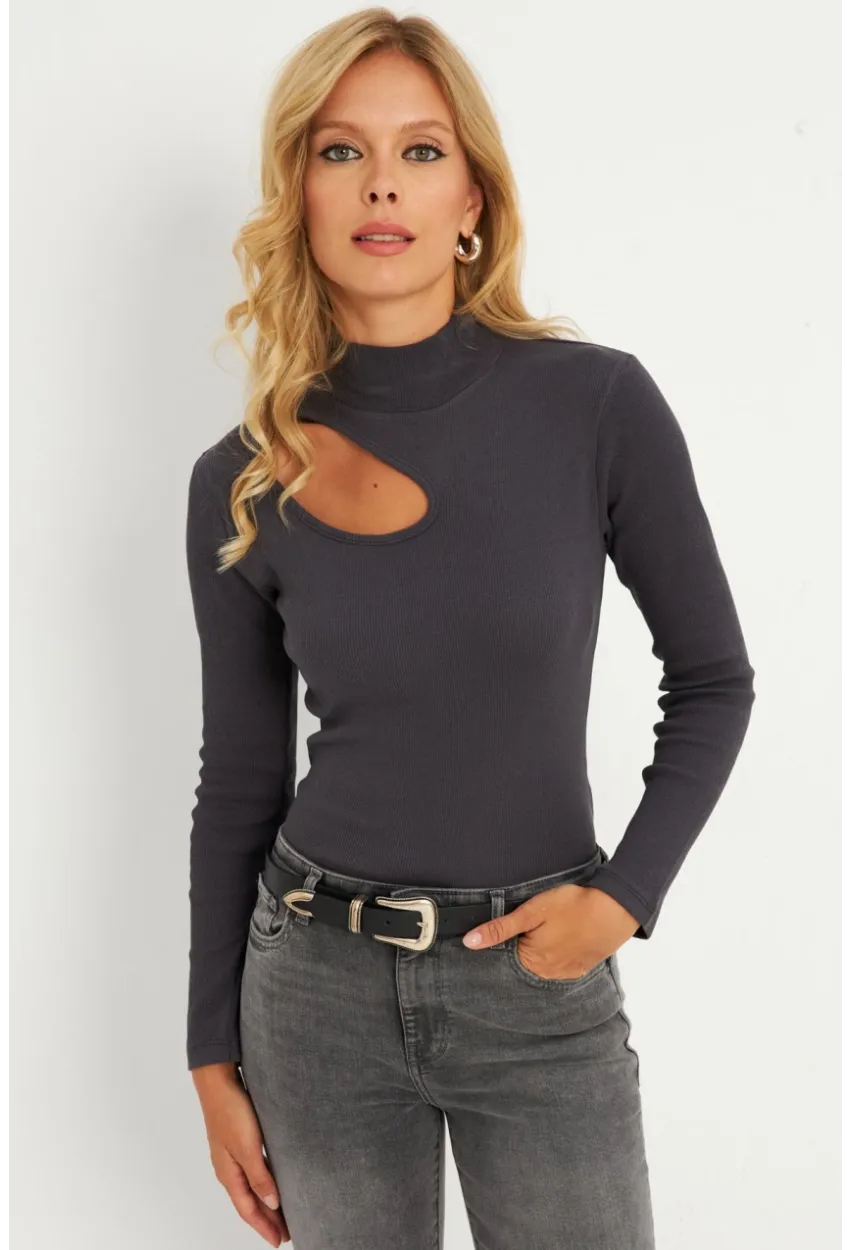 Kadın Antrasit Çapraz Yaka Yarım Balıkçı Bluz B1404