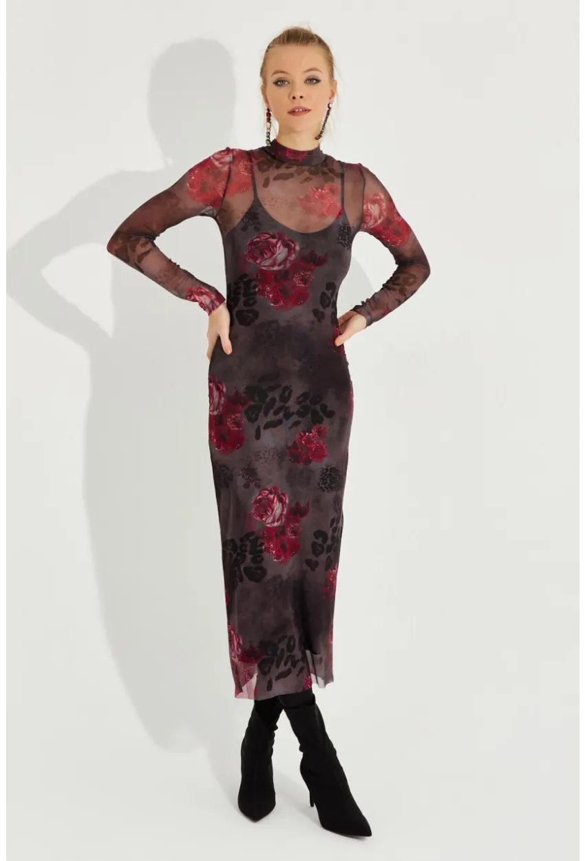 Kadın Antrasit Desenli Midi Tül Elbise YEL221355