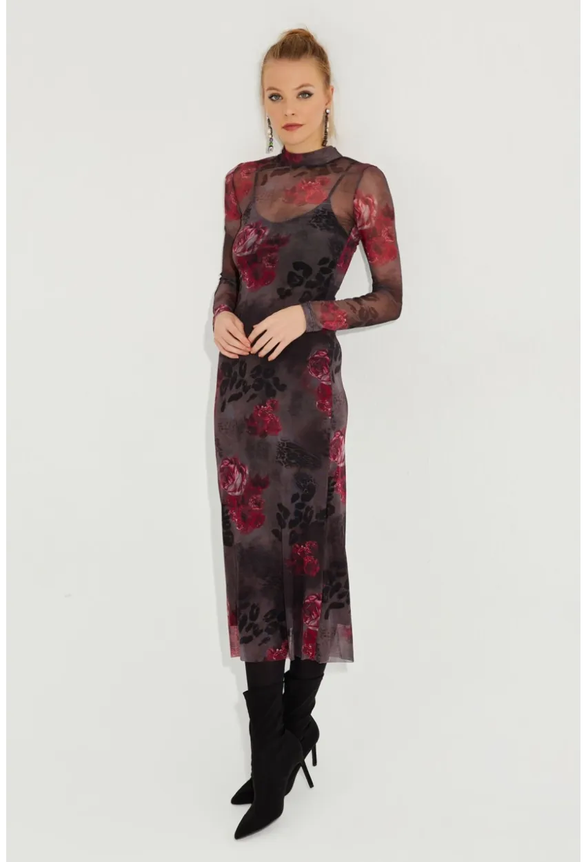 Kadın Antrasit Desenli Midi Tül Elbise YEL221355