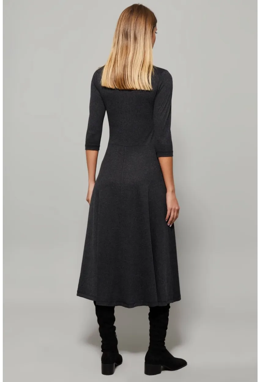 Kadın Antrasit Düğme Aksesuarlı V Yaka Elbise EY1123