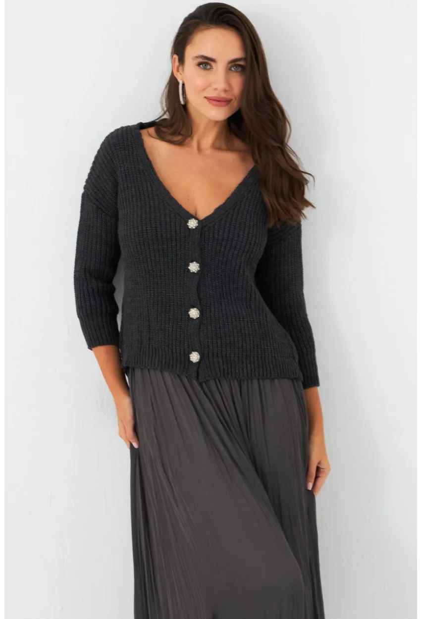 Kadın Antrasit Düğme Detaylı Hırka KAZ30