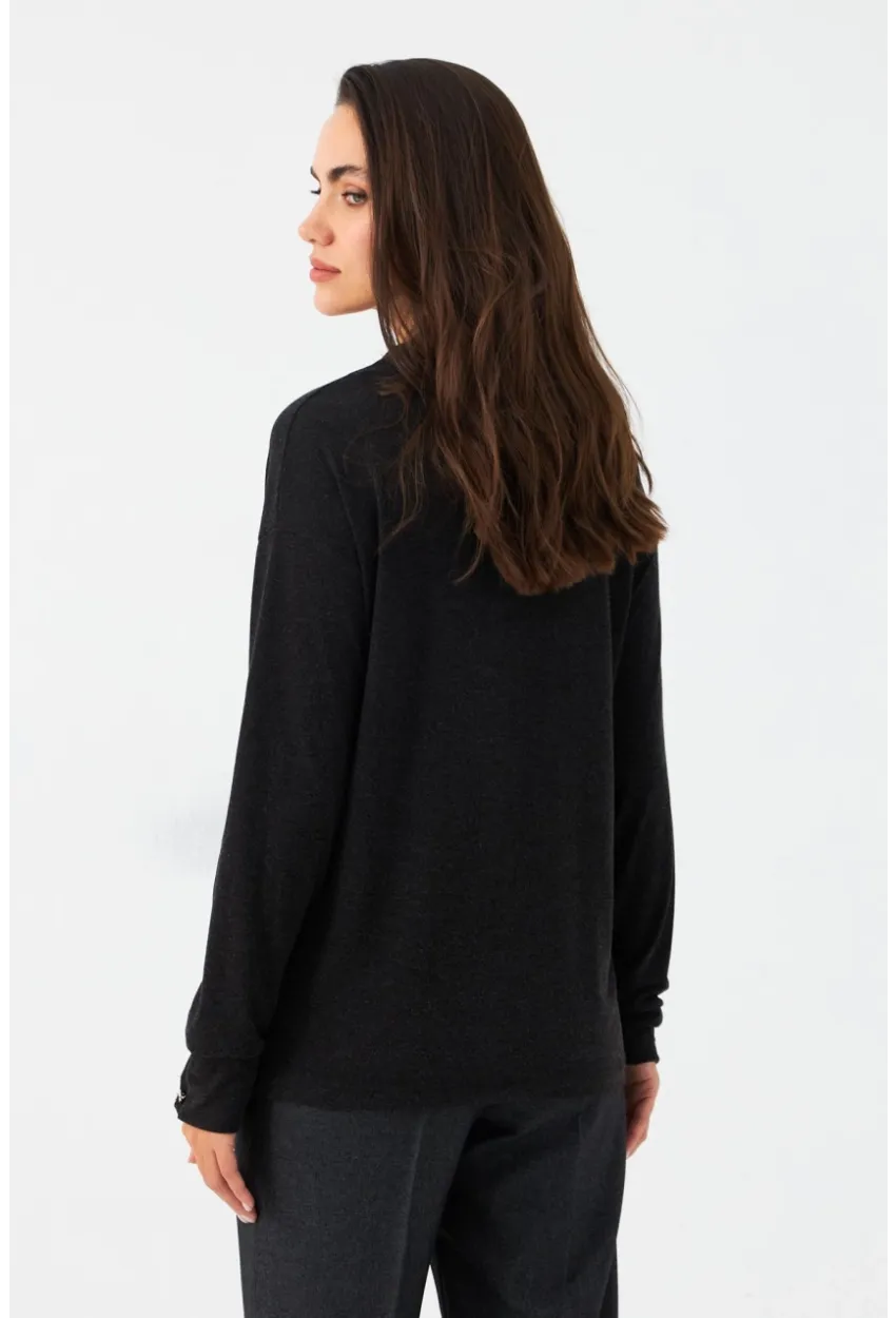 Kadın Antrasit Düğme Detaylı V Yaka Bluz EY2982