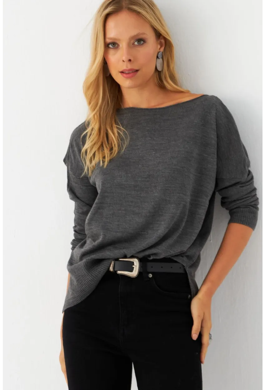 Kadın Antrasit Kayık Yaka Triko Bluz YİL561