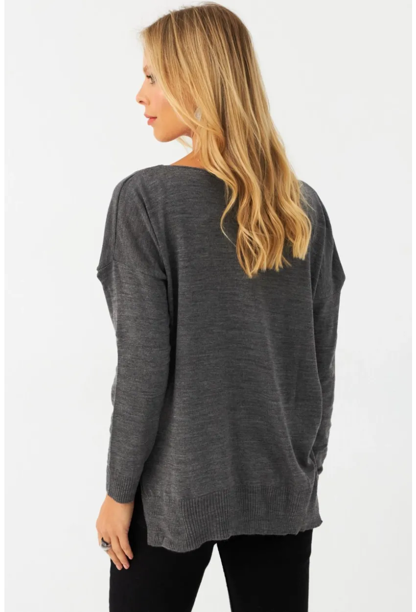 Kadın Antrasit Kayık Yaka Triko Bluz YİL561