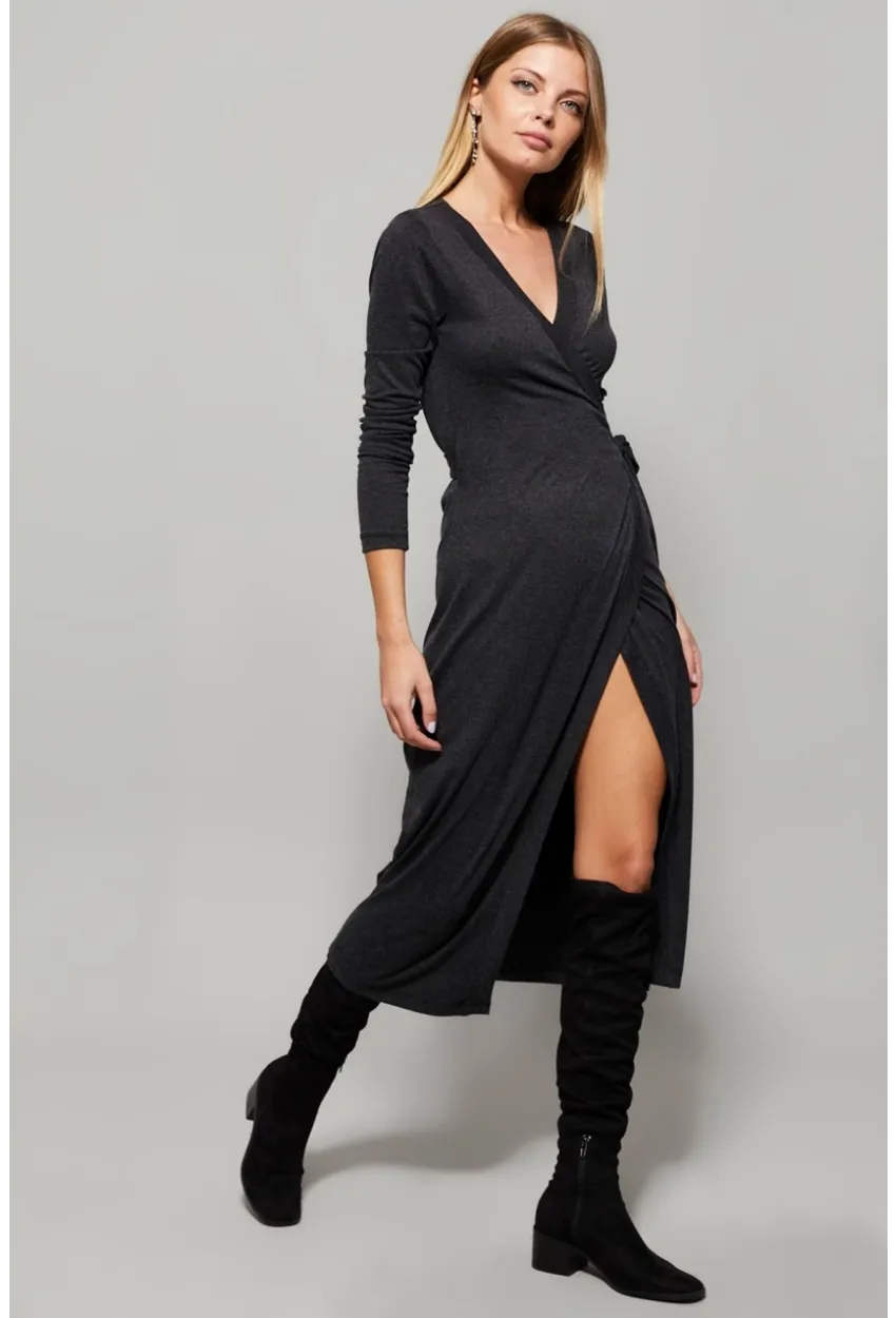 Kadın Antrasit Kruvaze Maxi Elbise EY1135