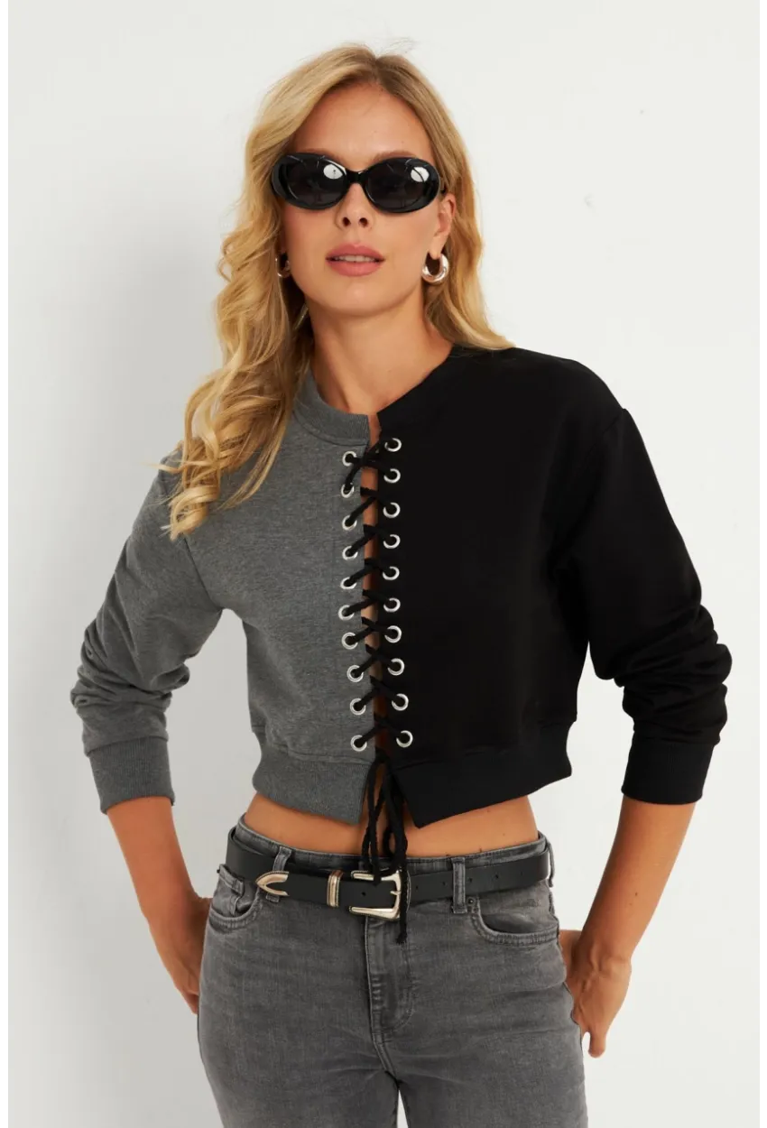 Kadın Antrasit-Siyah Kuşgözlü Kısa Sweatshirt TF02