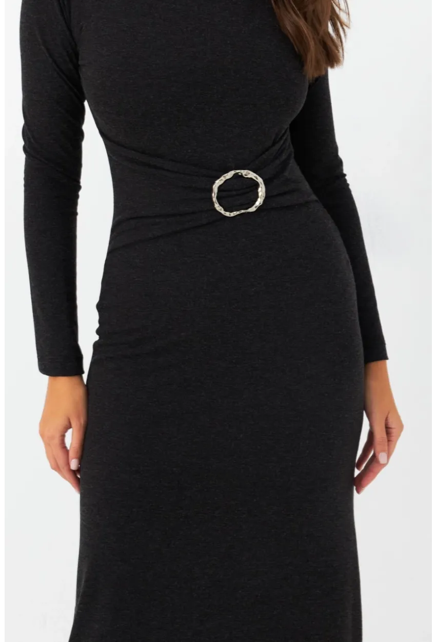 Kadın Antrasit Tokalı Midi Elbise EY2984