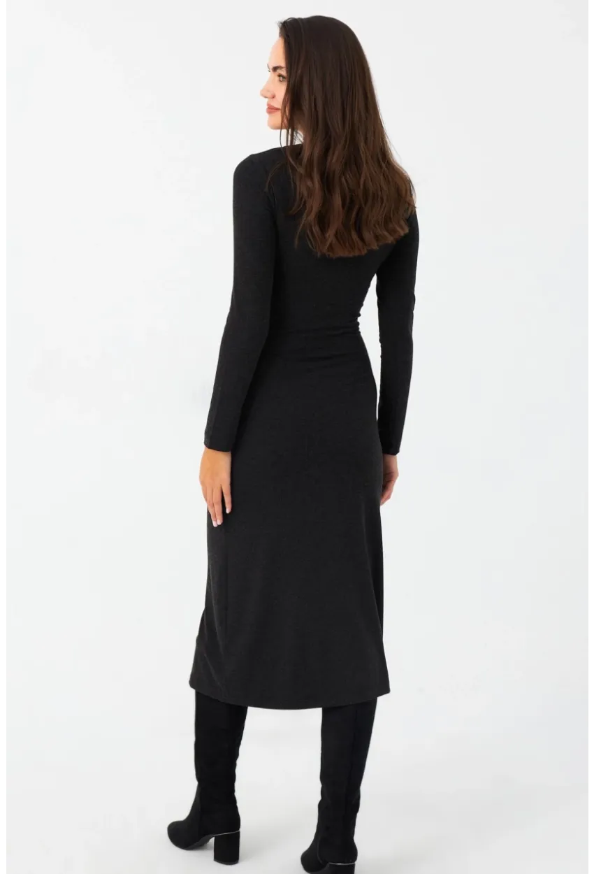 Kadın Antrasit Tokalı Midi Elbise EY2984