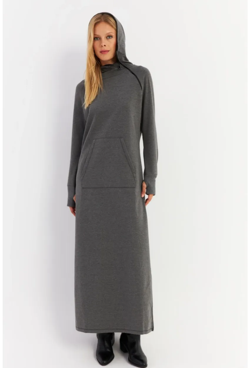 Kadın Antrasit Yakası Fermuarlı Maxi Sweat Elbise MTF12