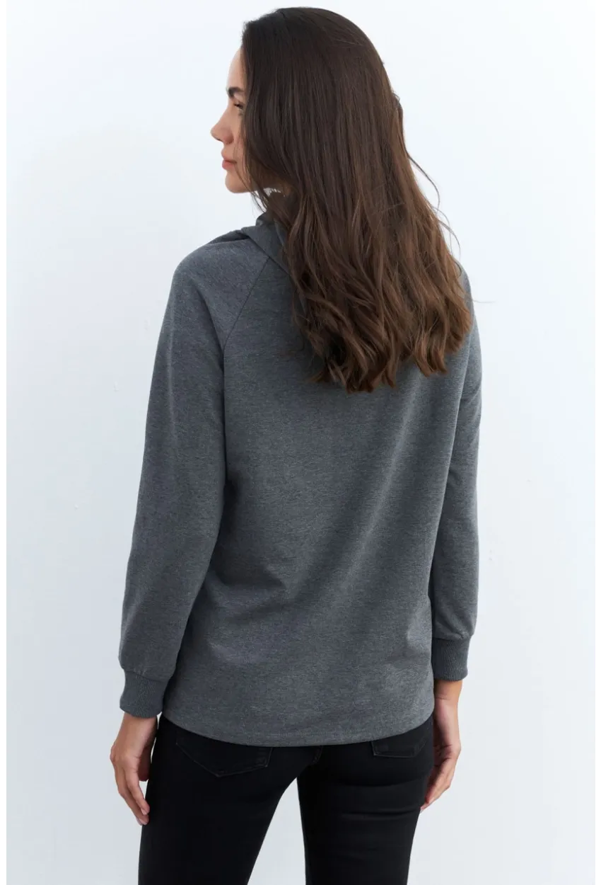 Kadın Antrasit Yakası Fermuarlı Sweatshirt TF11