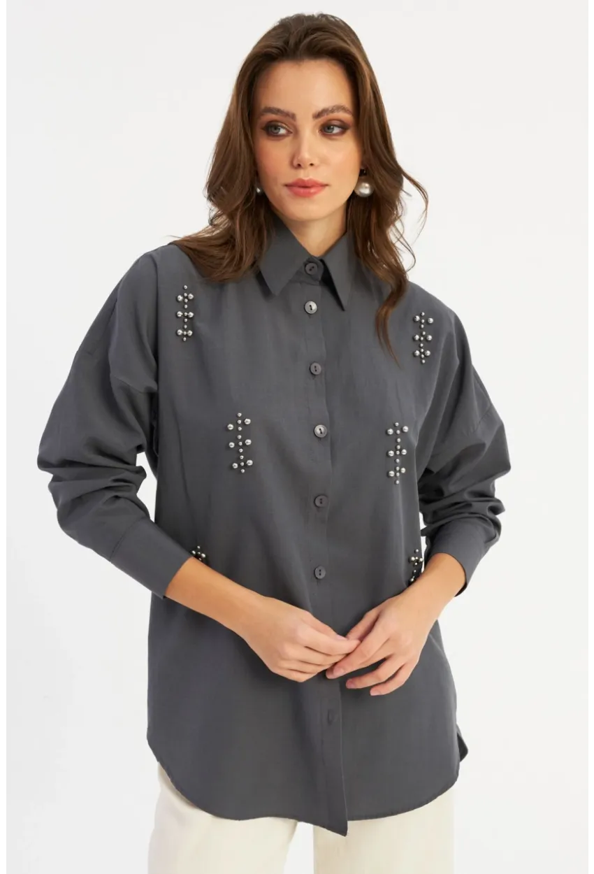 Kadın Antrasit Zımbalı Gömlek MASF1