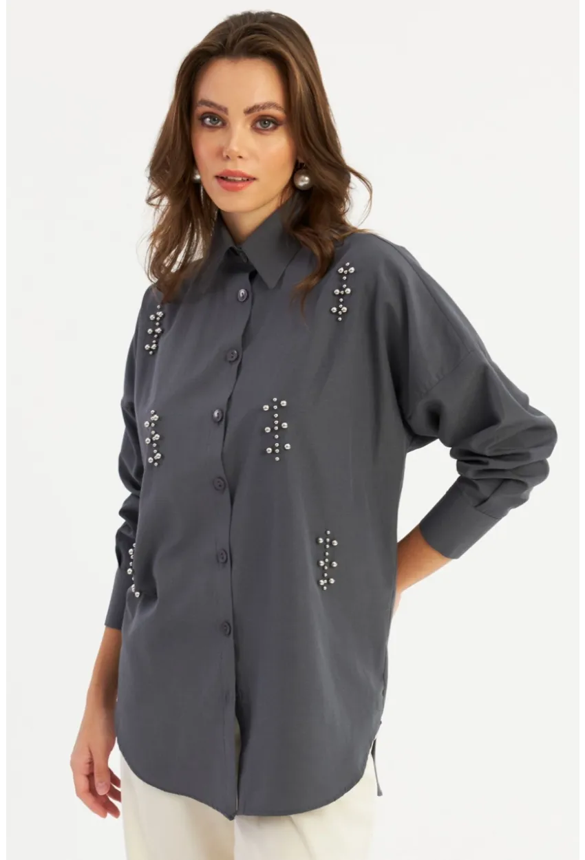 Kadın Antrasit Zımbalı Gömlek MASF1