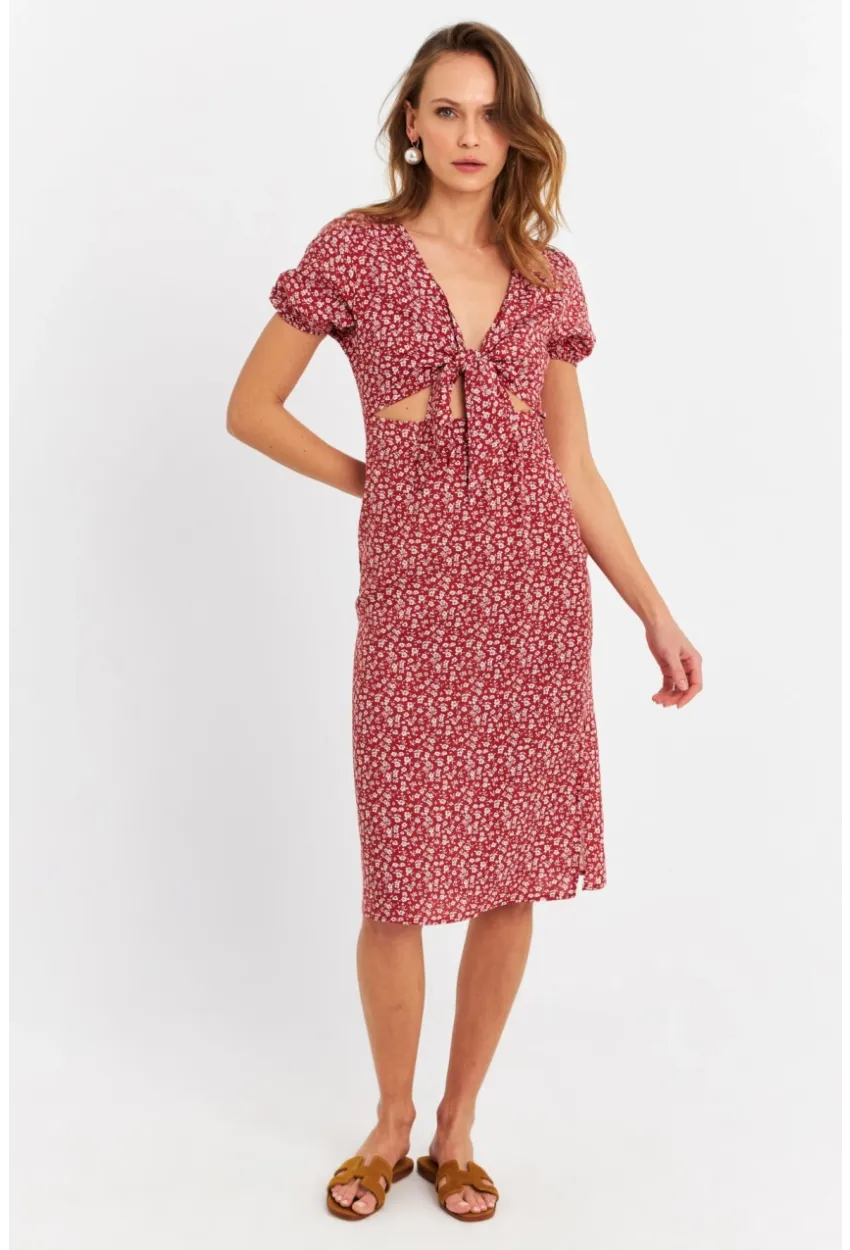 Kadın Badem Düğümlü Pencereli Midi Elbise Q1002