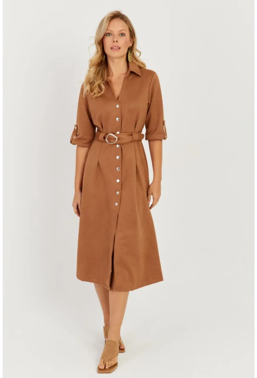 Kadın Badem Nubuk Midi Gömlek Elbise KED4023