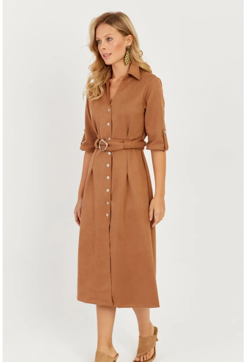 Kadın Badem Nubuk Midi Gömlek Elbise KED4023