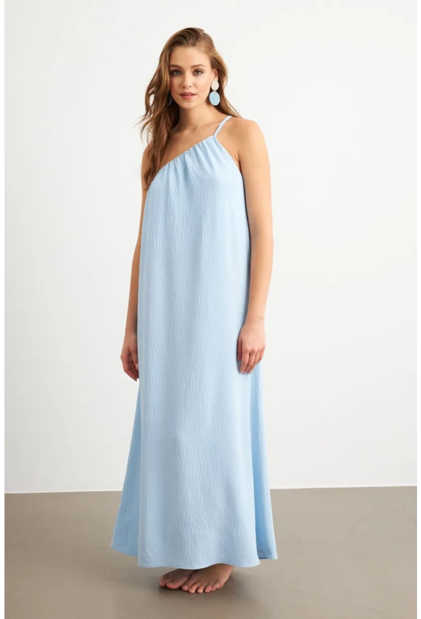 Kadın Bebe Mavi Tek Omuz Maxi Elbise İRE1012
