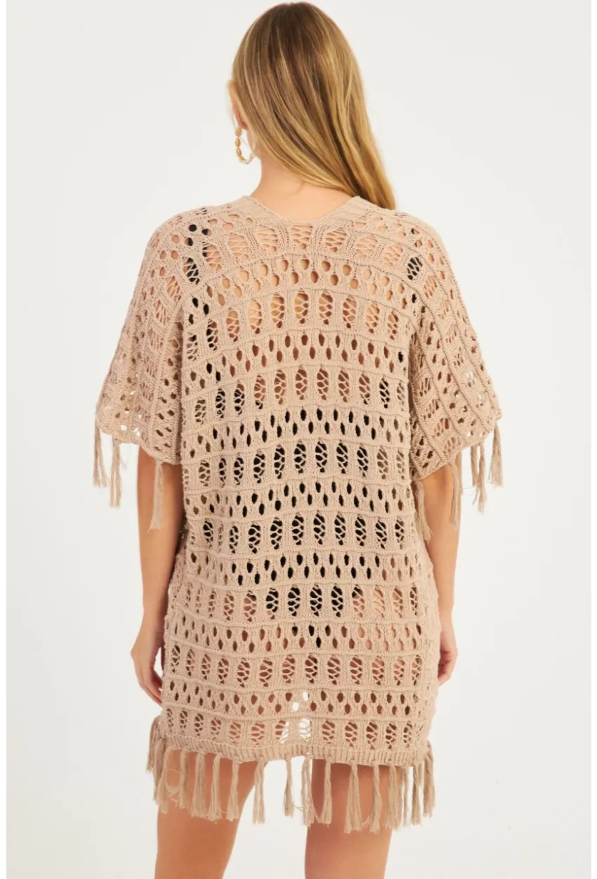 Kadın Bej Ajurlu Püsküllü Hırka YV224