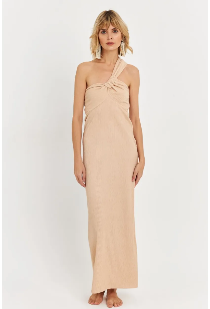 Kadın Bej Asimetrik Yaka Maxi Elbise NH25455