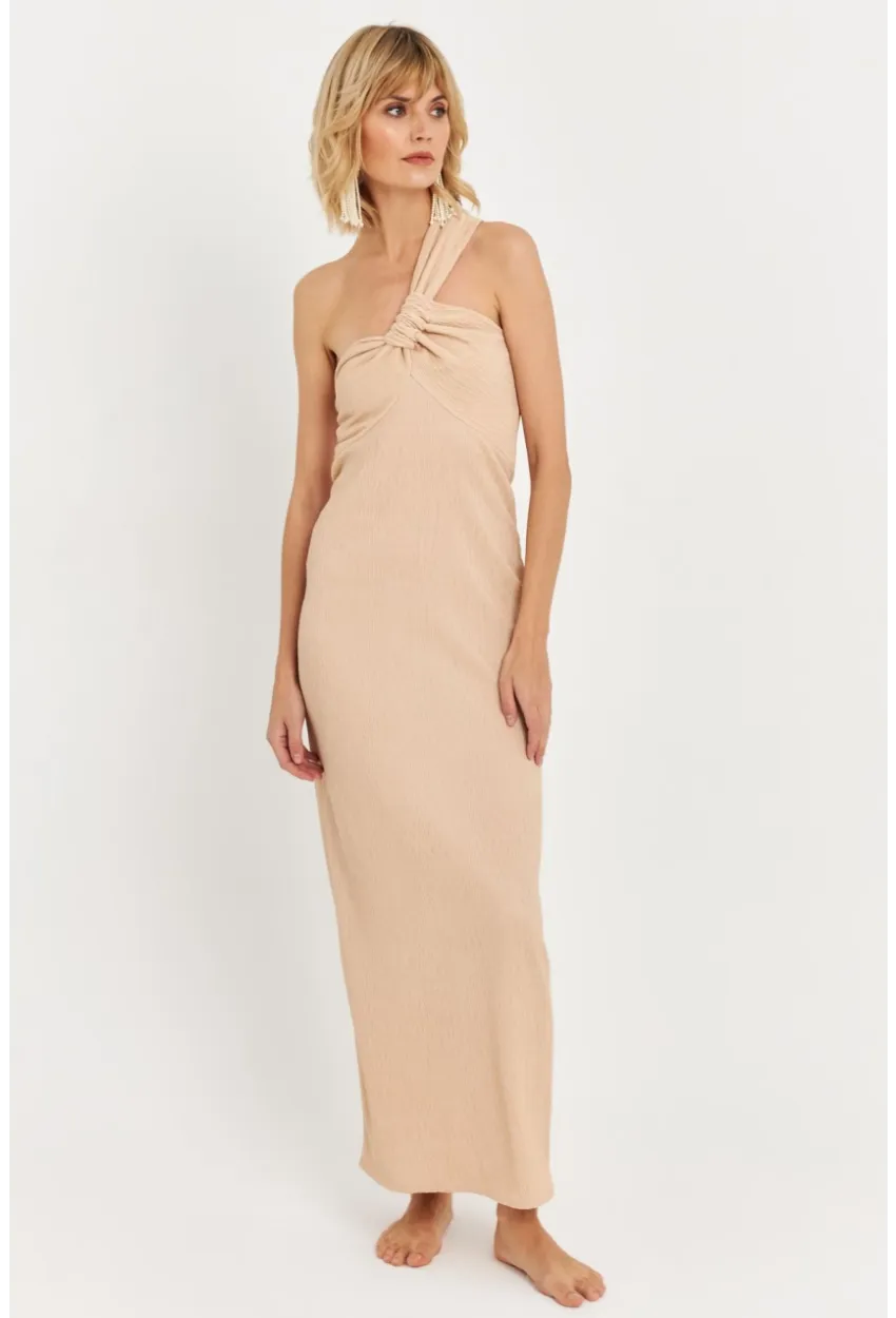 Kadın Bej Asimetrik Yaka Maxi Elbise NH25455