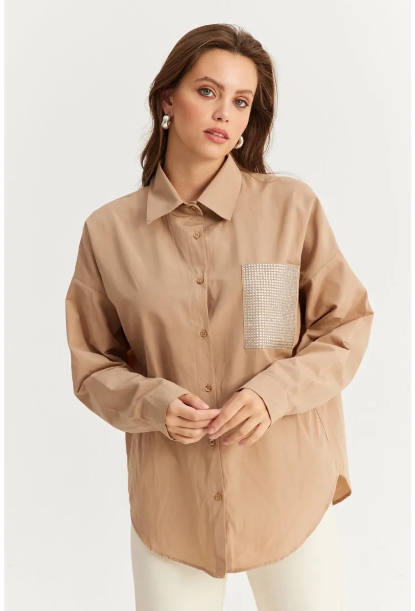 Kadın Bej Cepli Taşlı Gömlek ZER414