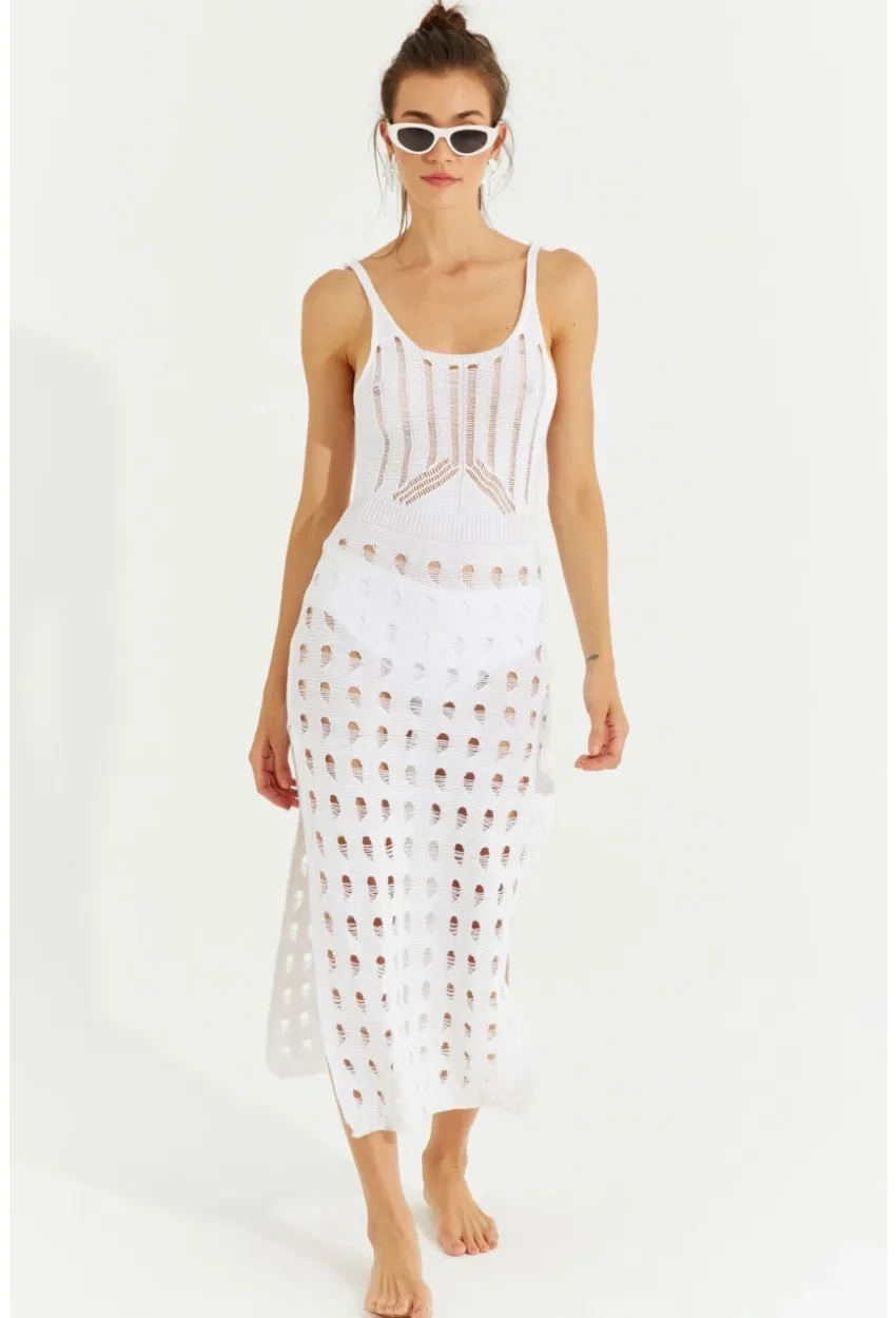 Kadın Beyaz Ajurlu Triko Maxi Elbise SF2504