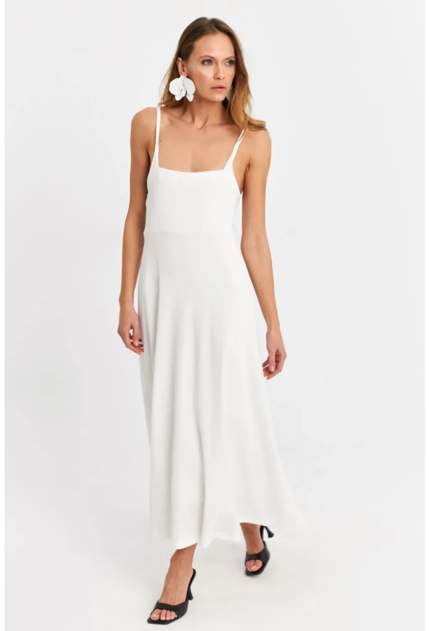 Kadın Beyaz Askılı Bürümcük Midi Elbise EY3057