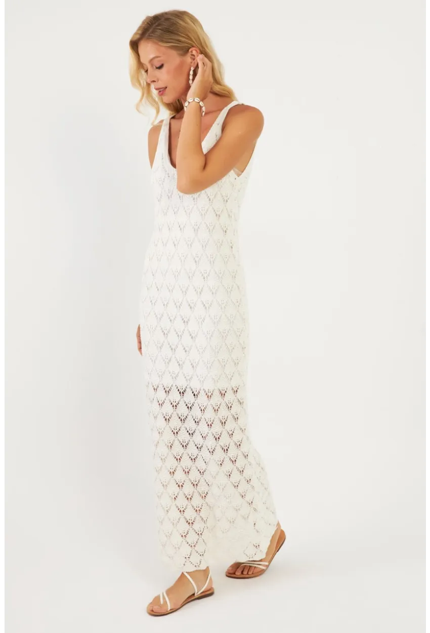 Kadın Beyaz Astarlı Triko Maxi Elbise KZ3211