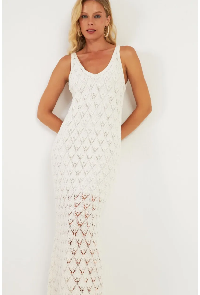 Kadın Beyaz Astarlı Triko Maxi Elbise KZ3211