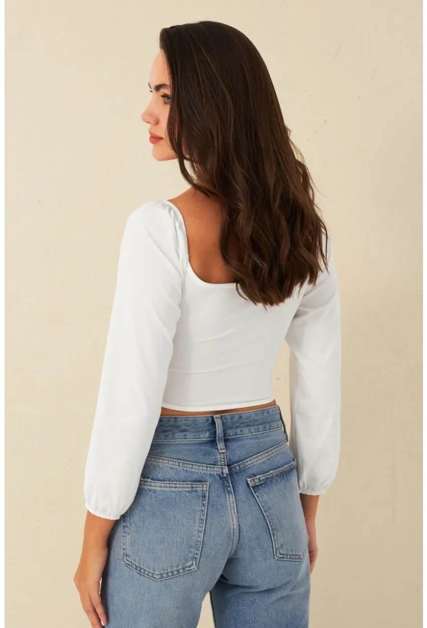Kadın Beyaz Bağlama Detaylı Crop Bluz CG387