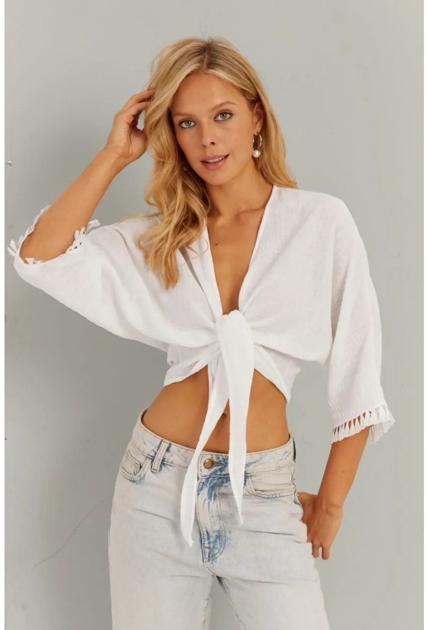 Kadın Beyaz Bağlamalı Bluz KS034