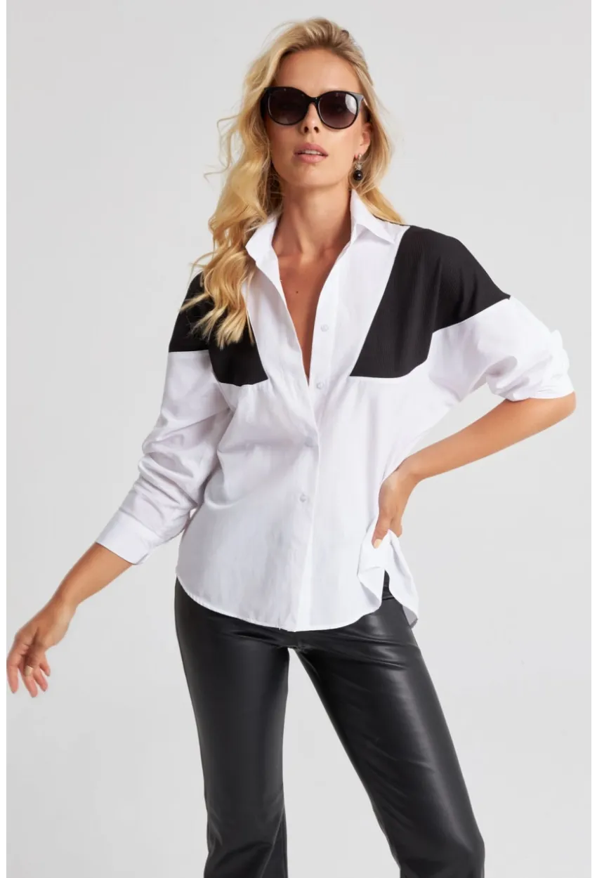 Kadın Beyaz Bloklu Gömlek ROT1005