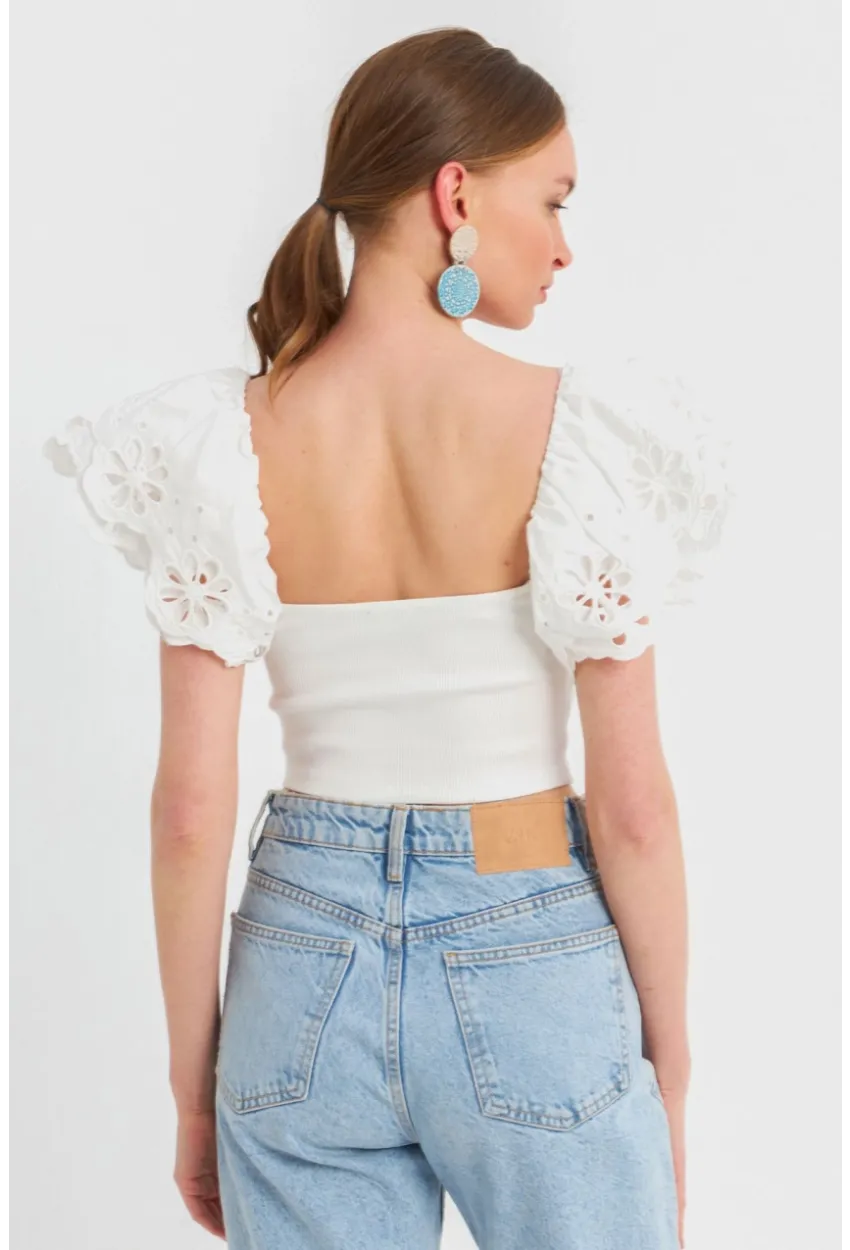Kadın Beyaz Brode Crop Bluz TPG08
